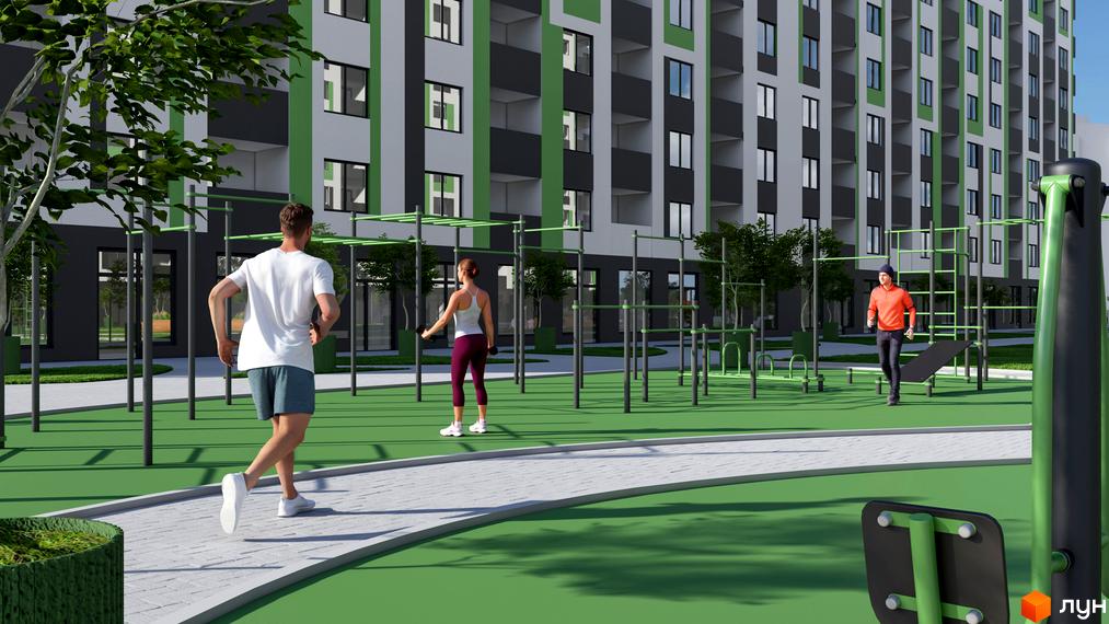 Житловий комплекс Парковий: фасади будівель з зеленими елементами та обладнаний спортивний майданчик для тренувань на свіжому повітрі.