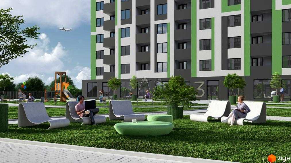 Зовнішній вигляд новобудови ЖК Парковий з прибудинковою територією, дитячим майданчиком та зонами відпочинку. Сучасний житловий комплекс з елегантною архітектурою та зеленими зонами для мешканців.