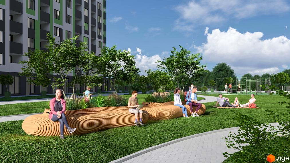 Зовнішній вигляд житлового комплексу Парковий з багатоповерховою будівлею та зеленою прибудинковою територією з місцями для відпочинку.