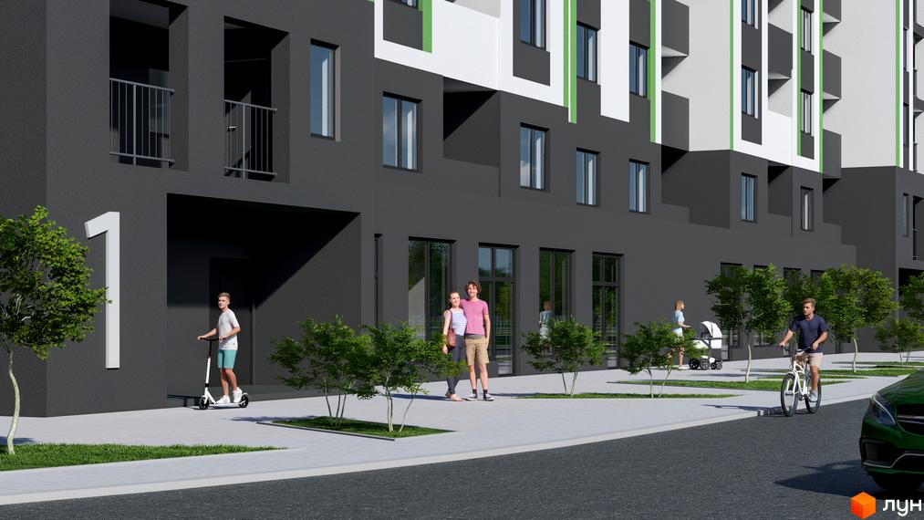 Зовнішній вигляд новобудови ЖК Парковий з людьми на території. Будинок має темний фасад з білими та зеленими елементами, а навколо нього розташовані дерева та доріжки.