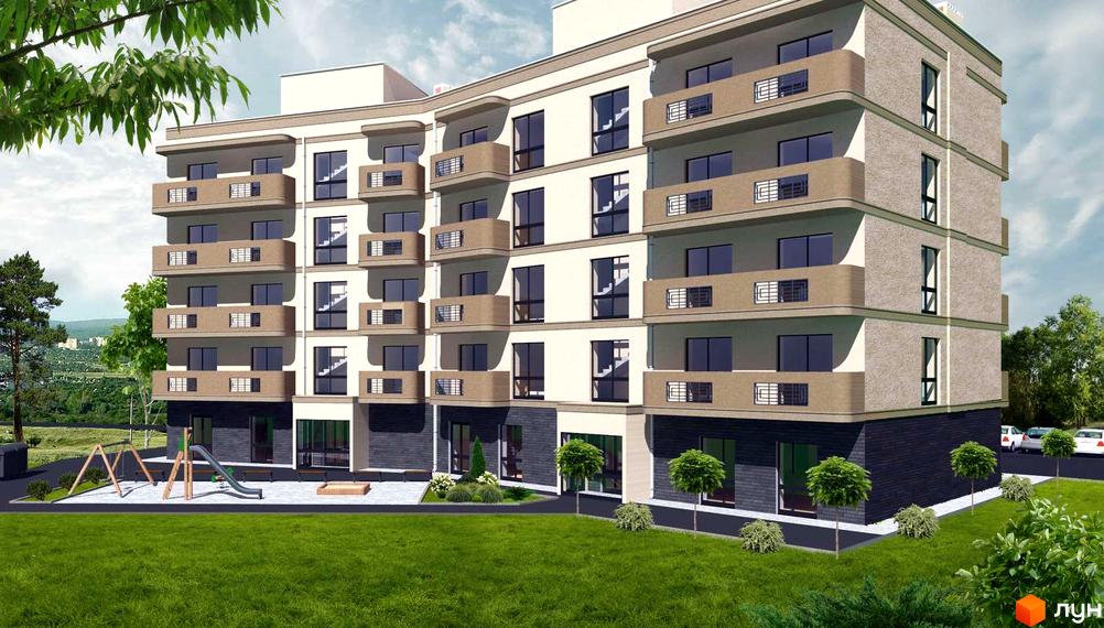 Житловий комплекс RIVERSIDE KHUST: багатоповерховий будинок світлого кольору з балконами та темним цоколем. На прибудинковій території зелений газон та дитячий майданчик.