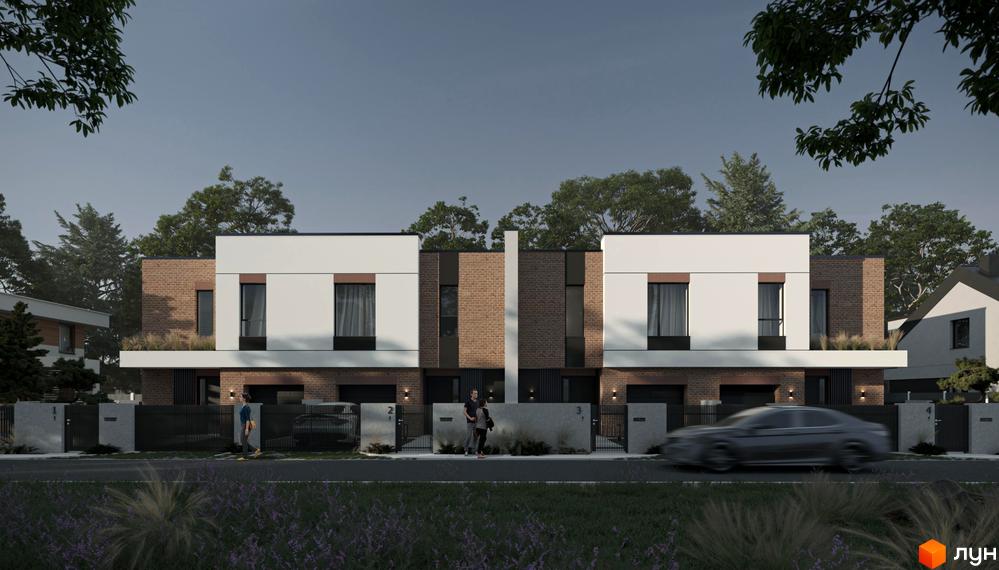 Таунхауси Loft House - це двоповерхові будинки з цегляними та білими фасадами, великими вікнами та прибудинковою територією з парканом та зеленими насадженнями.