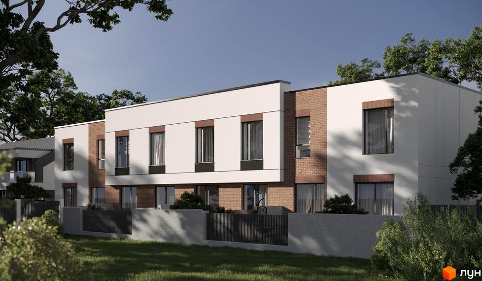 Таунхауси Loft House з цегляними та білими фасадами, великими вікнами, розташовані на зеленій ділянці з парканом та деревами.