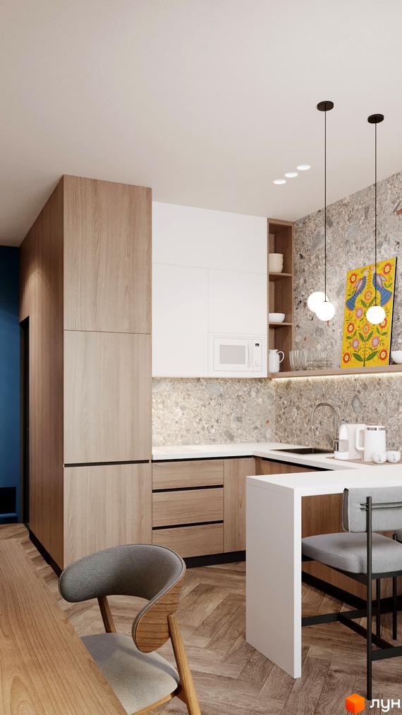 Інтер'єр кухні в апарт-готелі WOL Vinnytsia. Світлі меблі, барна стійка, стільці, декор на стіні.