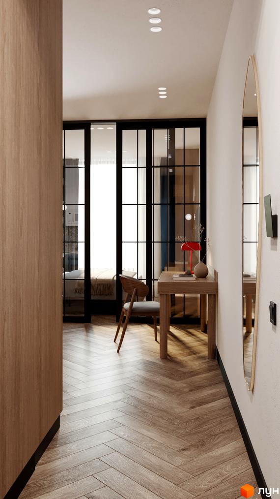 Інтер'єр квартири в апарт-готелі. Світла обробка, дерев'яна підлога, скляні перегородки, стіл з червоною лампою та дзеркало.