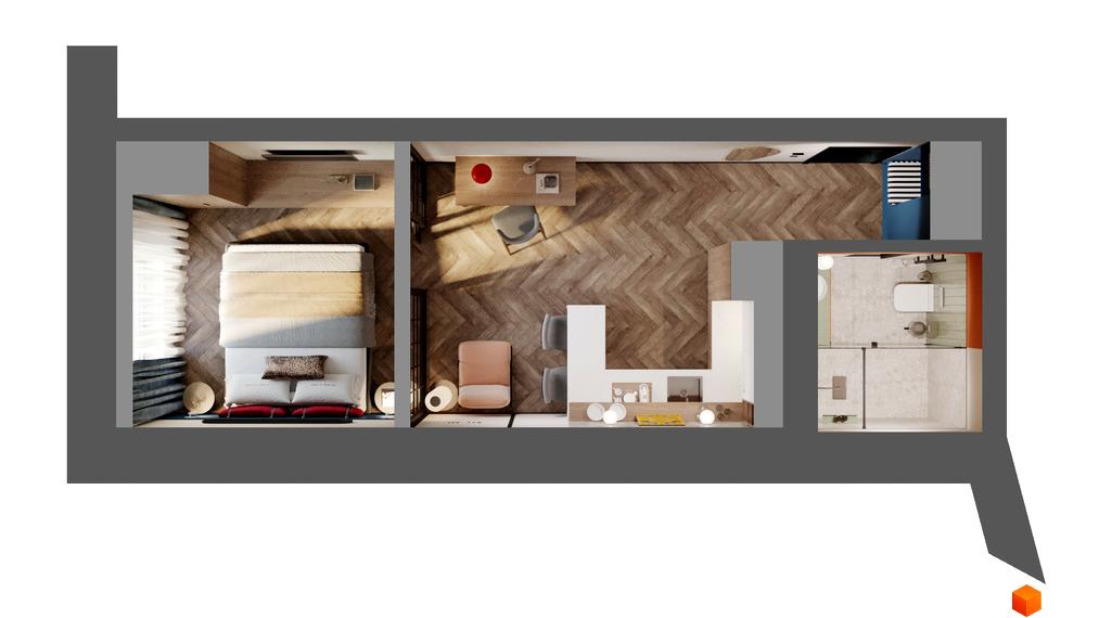 Планування апартаментів в Апарт-готелі WOL Vinnytsia. Зображення демонструє розташування кімнат, меблів та зонування простору.