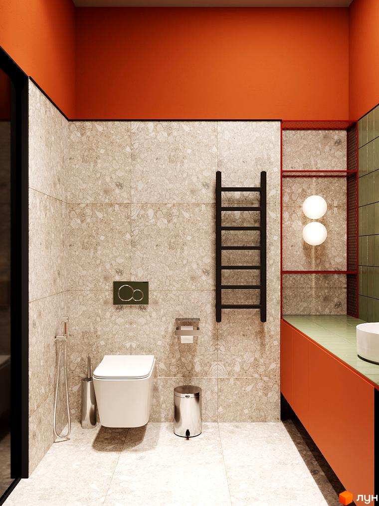 Інтер'єр ванної кімнати з помаранчевими стінами, сірою плиткою та чорною драбиною для рушників. На стіні висять два білих світильники.
