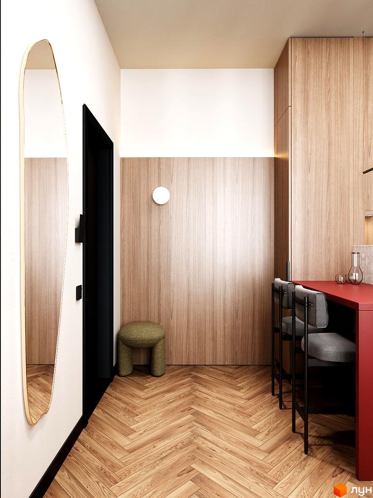 Інтер'єр апартаментів в ЖК WOL Vinnytsia з дерев'яною обробкою стін та підлоги, барною стійкою та круглим дзеркалом.