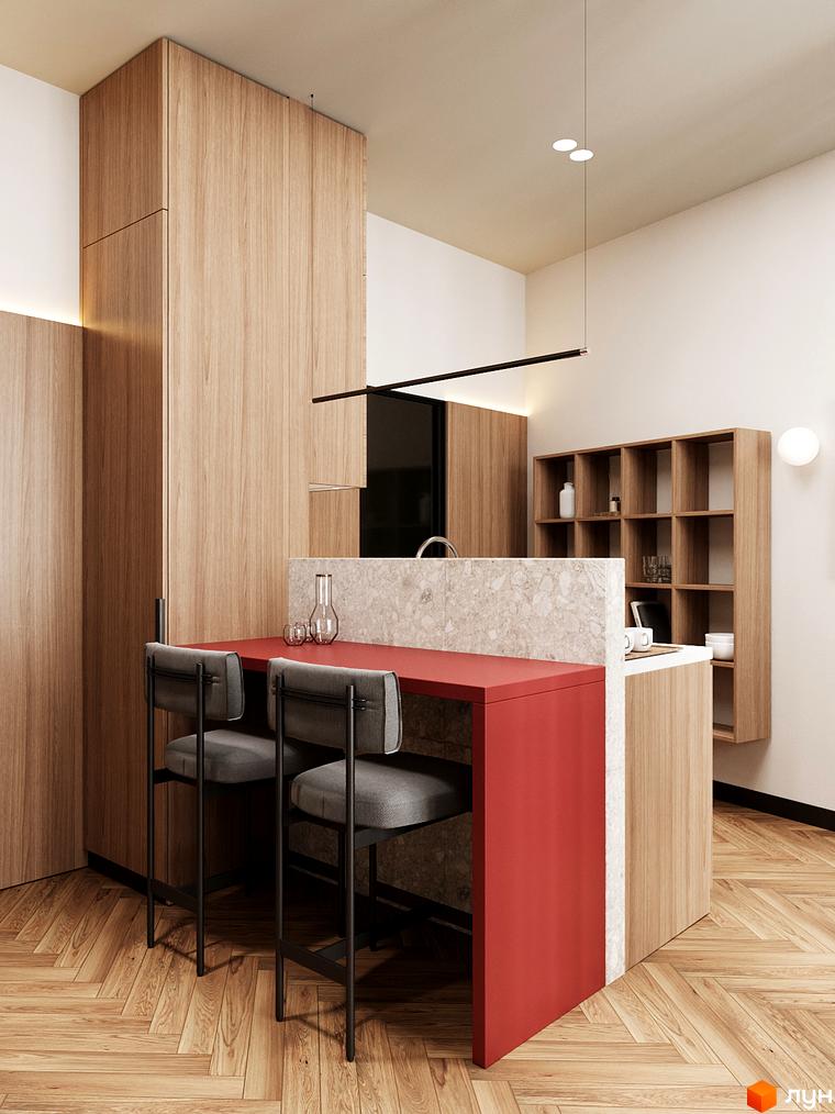 Інтер'єр кухні в апарт-готелі WOL Vinnytsia з дерев'яними меблями та барною стійкою червоного кольору. Сучасний дизайн з акцентом на натуральні матеріали.