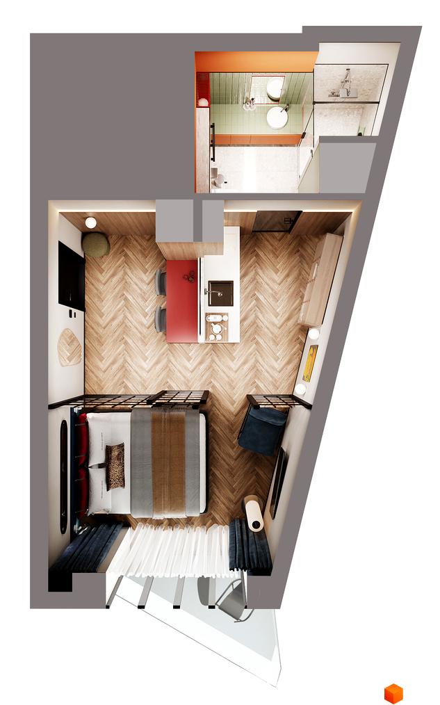 Планування апартаментів в апарт-готелі WOL Vinnytsia. Зображення демонструє розташування кімнат, меблів та санвузла.