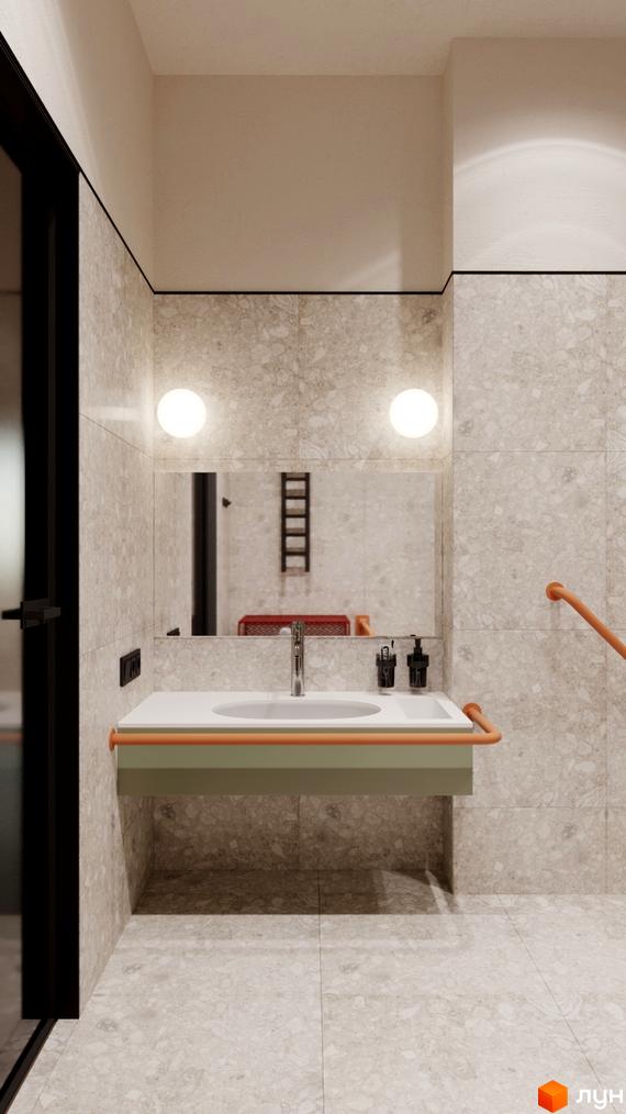 Інтер'єр ванної кімнати в апарт-готелі WOL Vinnytsia. Світла плитка, умивальник з круглим дзеркалом, світильники.