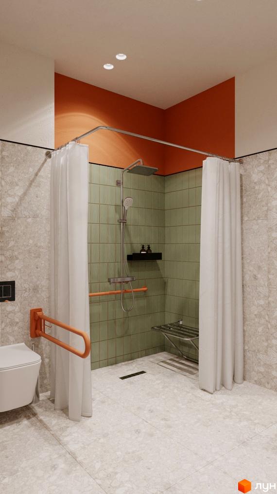 Інтер'єр ванної кімнати в апарт-готелі WOL Vinnytsia. Простора ванна кімната з душовою кабіною, поручнями та місцем для сидіння.