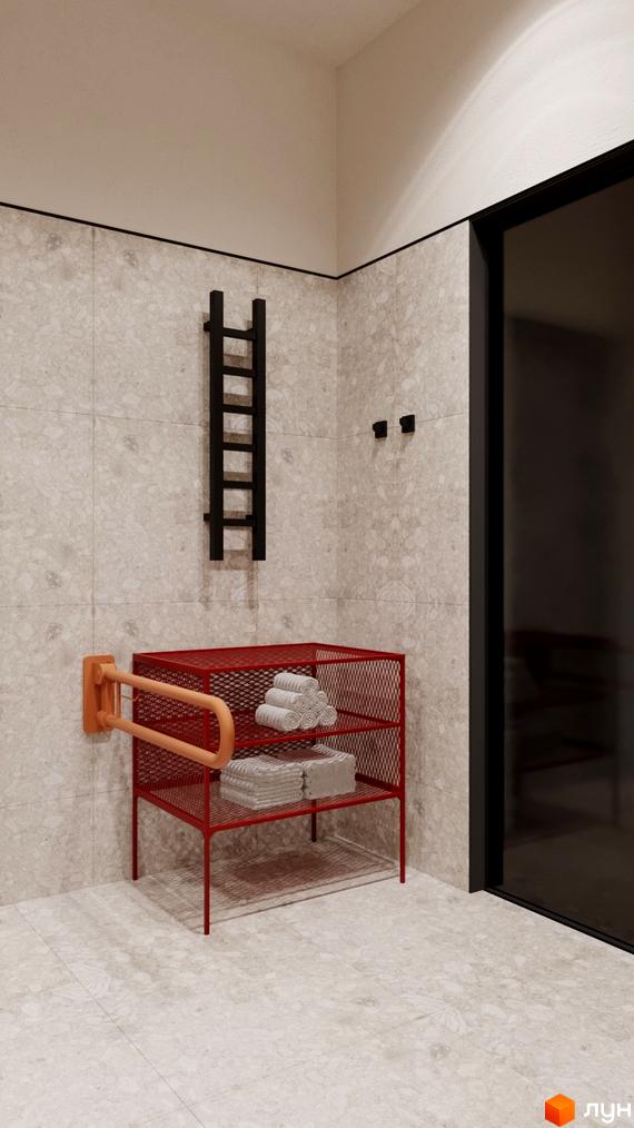 Інтер'єр ванної кімнати в апарт-готелі WOL Vinnytsia з червоними металевими меблями та чорною драбиною для рушників.