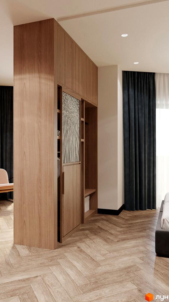 Інтер'єр апартаментів в Апарт-готелі WOL Vinnytsia. Дерев'яні меблі, паркетна підлога, штори. Простір для комфортного проживання та відпочинку.