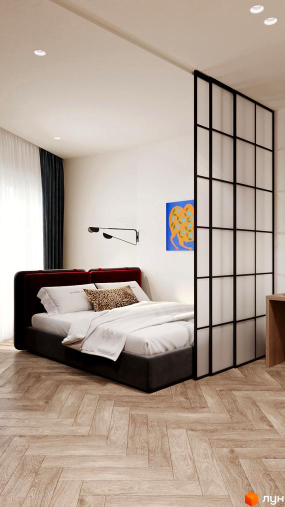 Інтер'єр спальні в апарт-готелі WOL Vinnytsia. Простора кімната з ліжком, декоративною перегородкою та картиною на стіні. Світлий простір з дерев'яною підлогою.