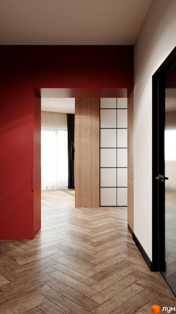 Інтер'єр квартири в апарт-готелі. Світла оселя з дерев'яною підлогою, червоними стінами та скляними дверима, що веде до кімнати з вікнами.