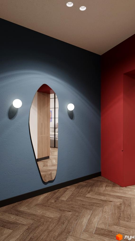 Інтер'єр апартаментів в апарт-готелі WOL Vinnytsia. Темно-сині стіни, дзеркало незвичайної форми, паркет з ялинкою та червона стіна.