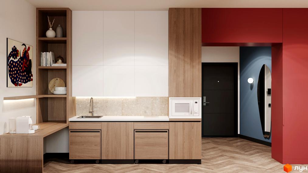 Інтер'єр кухні в апарт-готелі WOL Vinnytsia. Дерев'яні фасади, білі стіни, вбудована техніка. Зручне планування для комфортного проживання.