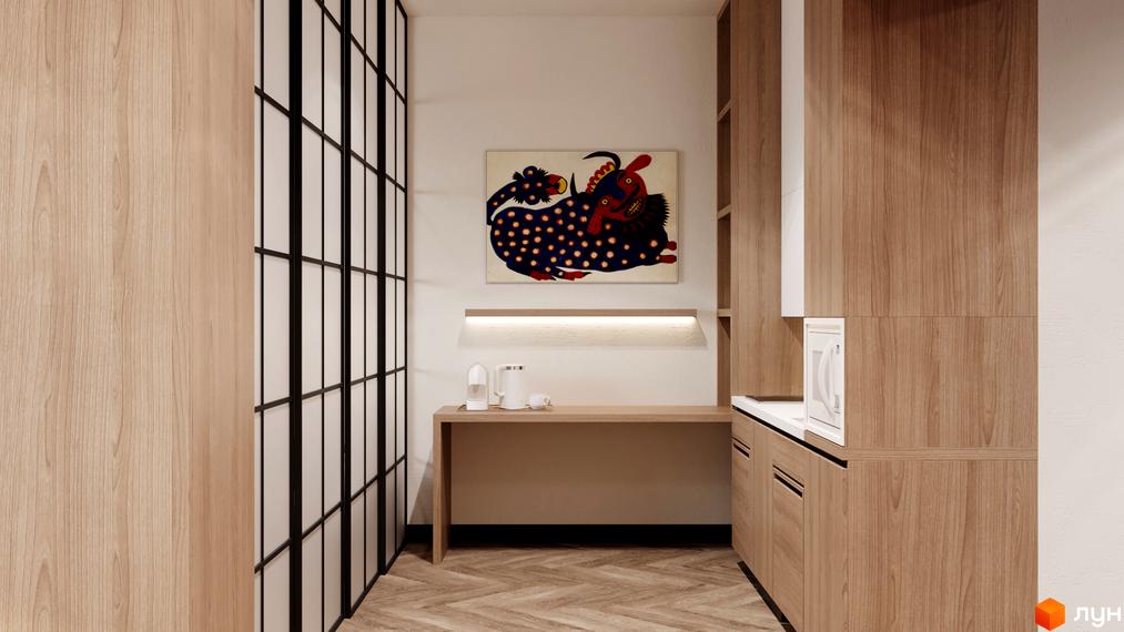 Інтер'єр апартаментів в Апарт-готелі WOL Vinnytsia з дерев'яними меблями, картиною та скляними перегородками.