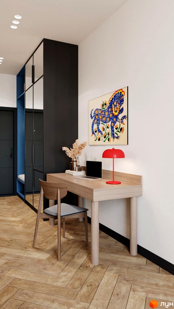 Інтер'єр квартири в апарт-готелі WOL Vinnytsia з робочою зоною: дерев'яний стіл, стілець, картина на стіні та ноутбук.