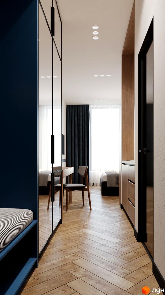 Інтер'єр апартаментів в апарт-готелі WOL Vinnytsia з дерев'яною підлогою, дзеркальною стіною та меблями.