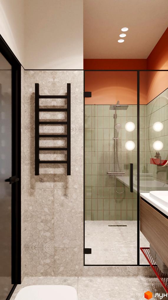 Інтер'єр ванної кімнати в апарт-готелі WOL Vinnytsia: душова кабіна, плитка, чорна драбина-сушка для рушників, дзеркало з підсвічуванням.