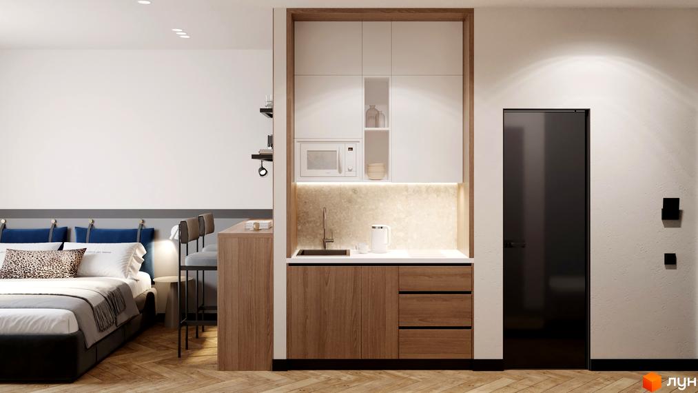 Інтер'єр апартаментів в Апарт-готелі WOL Vinnytsia з міні-кухнею, ліжком та барною стійкою. Світлі тони, дерев'яні елементи та сучасний дизайн.