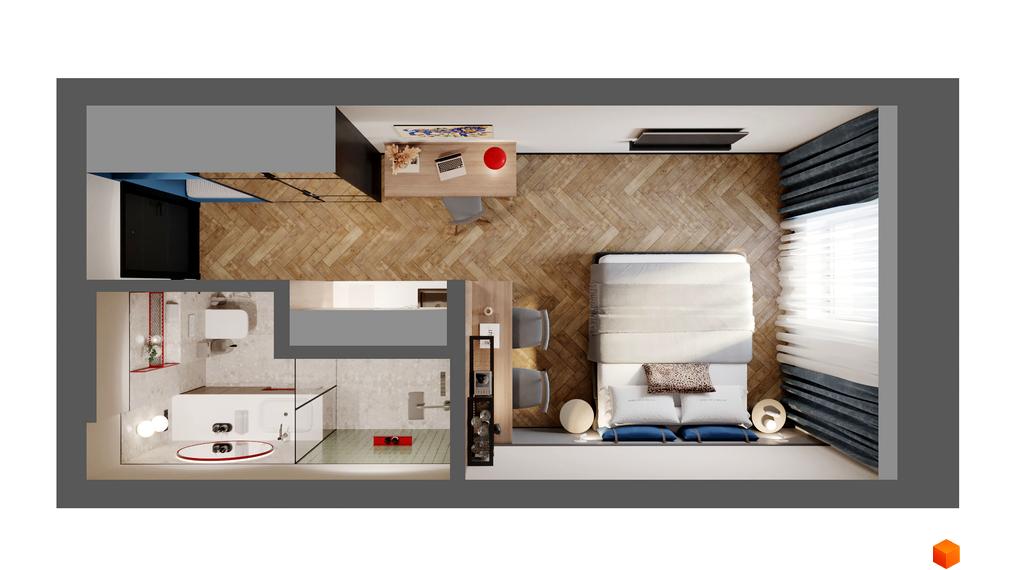 Планування апартаментів в Апарт-готелі WOL Vinnytsia. Зображення демонструє інтер'єр з робочою зоною, спальнею та ванною кімнатою.