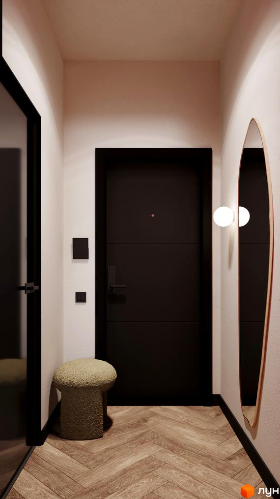 Інтер'єр коридору в апарт-готелі WOL Vinnytsia з чорними дверима, дзеркалом, світильниками та пуфом. Світлі стіни та підлога з візерунком.
