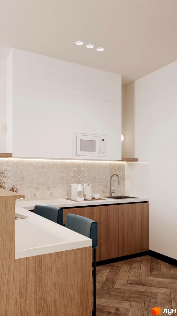 Інтер'єр кухні в апарт-готелі WOL Vinnytsia. Білі меблі, дерев'яні фасади, барна стійка, стільці з блакитною оббивкою та світлодіодне підсвічування.