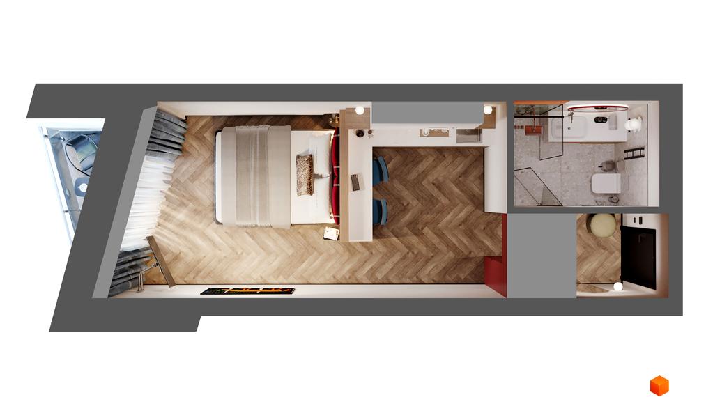 Планування номера в апарт-готелі WOL Vinnytsia. Спальня з ліжком, робоча зона, ванна кімната з душем та туалетом. Світлий інтер'єр з дерев'яною підлогою.