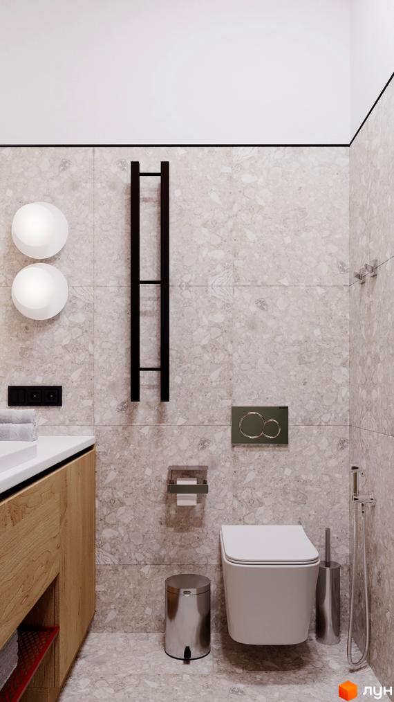 Інтер'єр ванної кімнати з білою сантехнікою, сірою плиткою та чорним радіатором. Ванна кімната з сучасним дизайном.