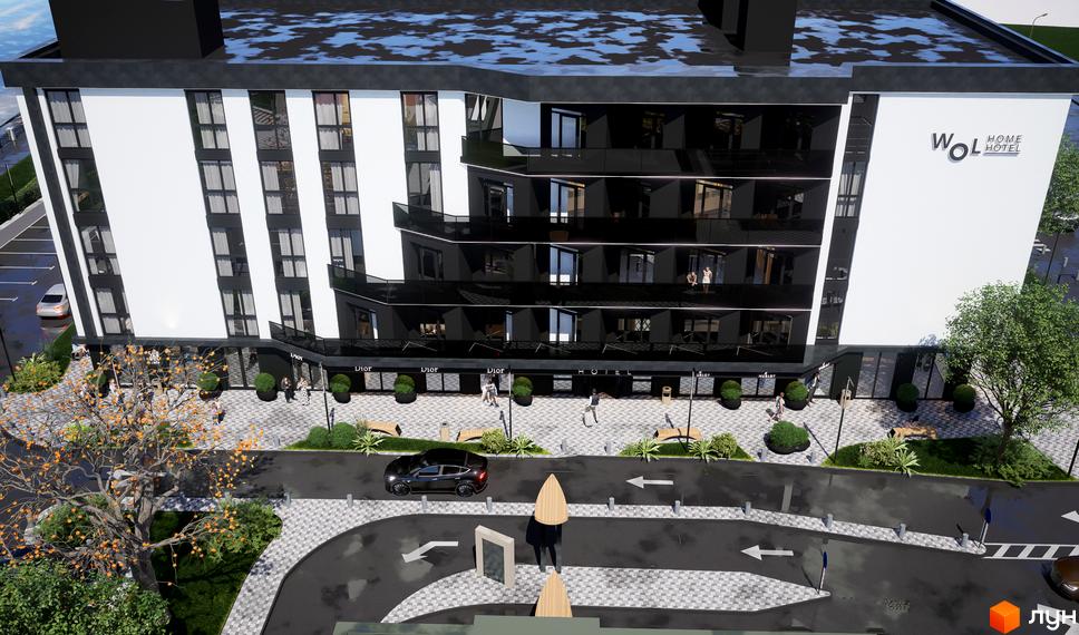 Апарт-готель WOL Vinnytsia з чорними фасадами та панорамними вікнами. На прибудинковій території розташовані лави, ліхтарі та зелені насадження.