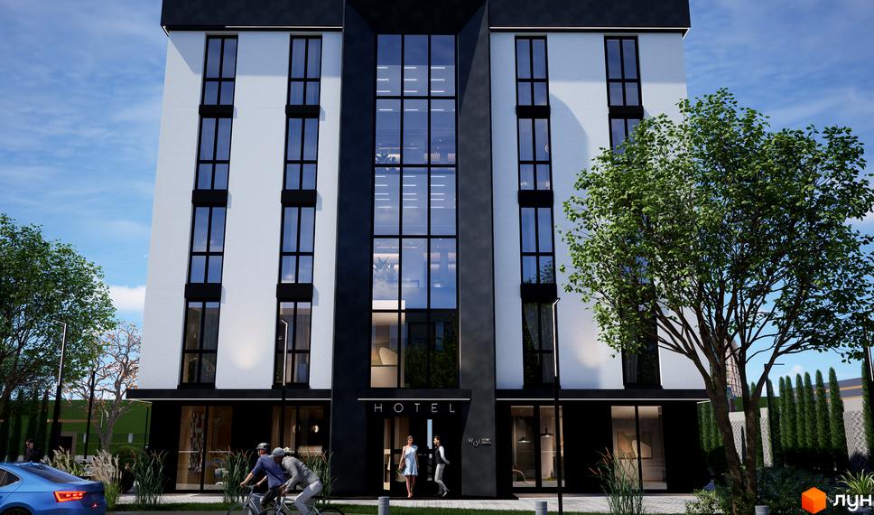 Фасад апарт-готелю WOL Vinnytsia з великими вікнами та вхідною групою. На прибудинковій території зелені насадження та пішохідна зона.