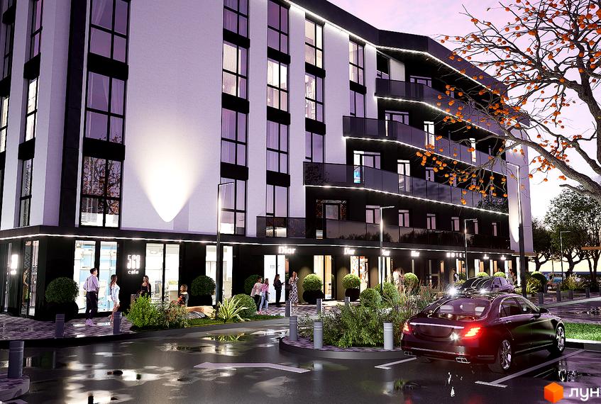 Зображення фасаду апарт-готелю WOL Vinnytsia з великими вікнами та балконами, перед будинком парковка та зелені насадження.