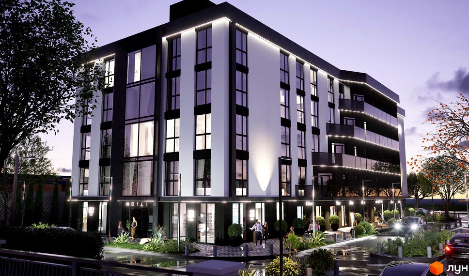 Зовнішній вигляд апарт-готелю WOL Vinnytsia з великими вікнами та підсвіткою. На прибудинковій території розташовані зелені насадження та парковка.