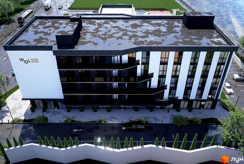 Апарт-готель WOL Vinnytsia з темними балконами та панорамними вікнами. На прибудинковій території є зелені насадження та парковка.