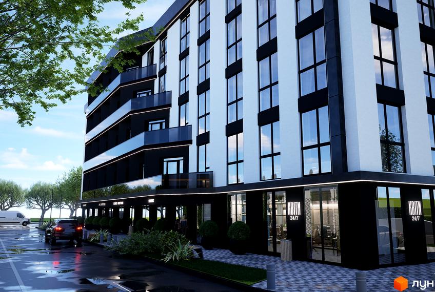 Зображення фасаду апарт-готелю WOL Vinnytsia з великими вікнами та чорними акцентами. На передньому плані - прибудинкова територія з рослинами та автомобілем.