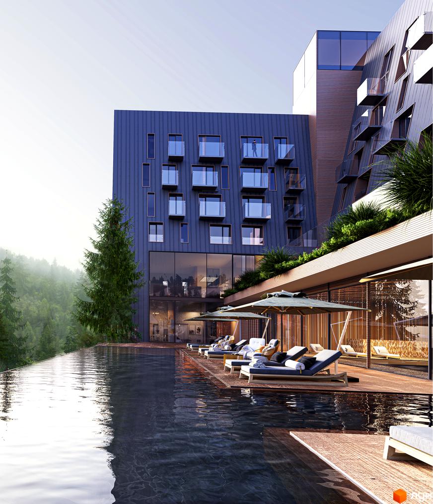 AHNI moon resort - архітектурний ансамбль з басейном, терасою та панорамними вікнами. Житловий комплекс розташований серед гірського пейзажу.