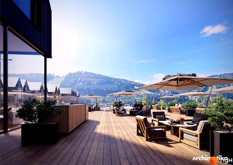 AHNI moon resort - вид на терасу з зоною відпочинку та горизонтом, що відкривається на мальовничі гори. Простір для релаксу з видом на природу.
