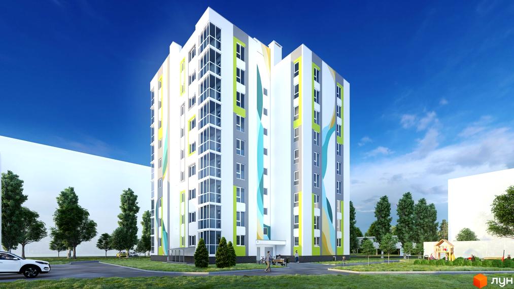 Зовнішній вигляд новобудови на вул. Велика набережна, 15а, з яскравим фасадом та дитячим майданчиком на прибудинковій території. Опис будинку та території.