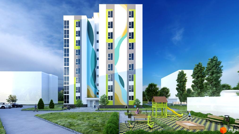 Зовнішній вигляд багатоповерхового будинку з яскравим фасадом та дитячим майданчиком на прибудинковій території житлового комплексу на вул. Велика набережна, 15а.