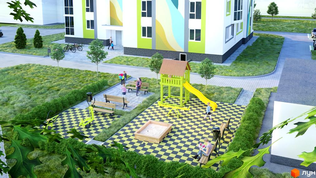 Житловий комплекс на вул. Велика набережна, 15а. Сучасна новобудова з яскравим фасадом та облаштованим дитячим майданчиком.