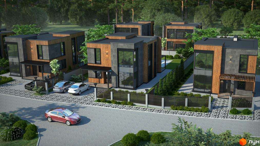Котеджне містечко KM Bosco Villas: двоповерхові будинки з дерев'яними та сірими фасадами, великими вікнами, розташовані на доглянутій прибудинковій території з парканом та зеленими насадженнями.