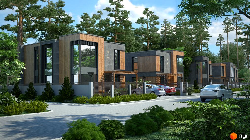 Котеджне містечко KM Bosco Villas: двоповерхові будинки з дерев'яним та сірим фасадом, великими вікнами, розташовані на доглянутій території з автомобілями та зеленню.