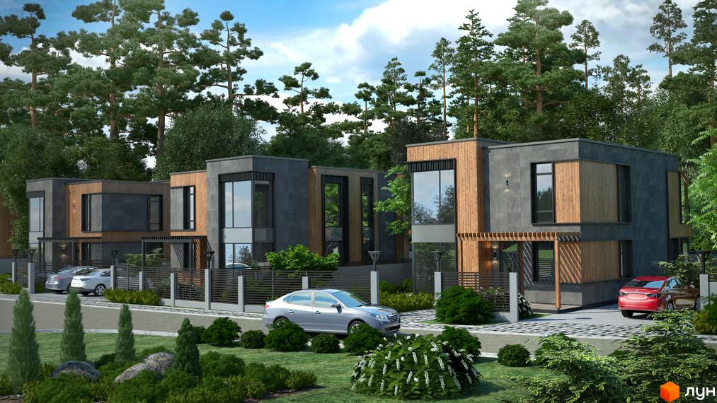 Котеджне містечко KM Bosco Villas: двоповерхові будинки з дерев'яними та сірими фасадами, великими вікнами та огородженою територією. Навколо зелені насадження та доглянутий ландшафт.