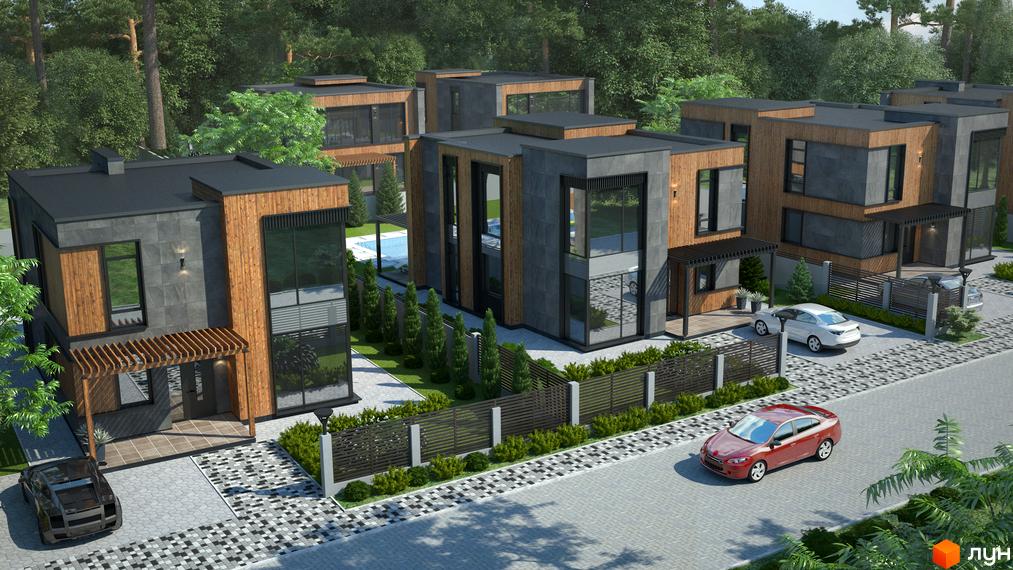Котеджне містечко KM Bosco Villas з дерев'яними та сірими фасадами, великими вікнами та доглянутою прибудинковою територією з басейном та парканом.