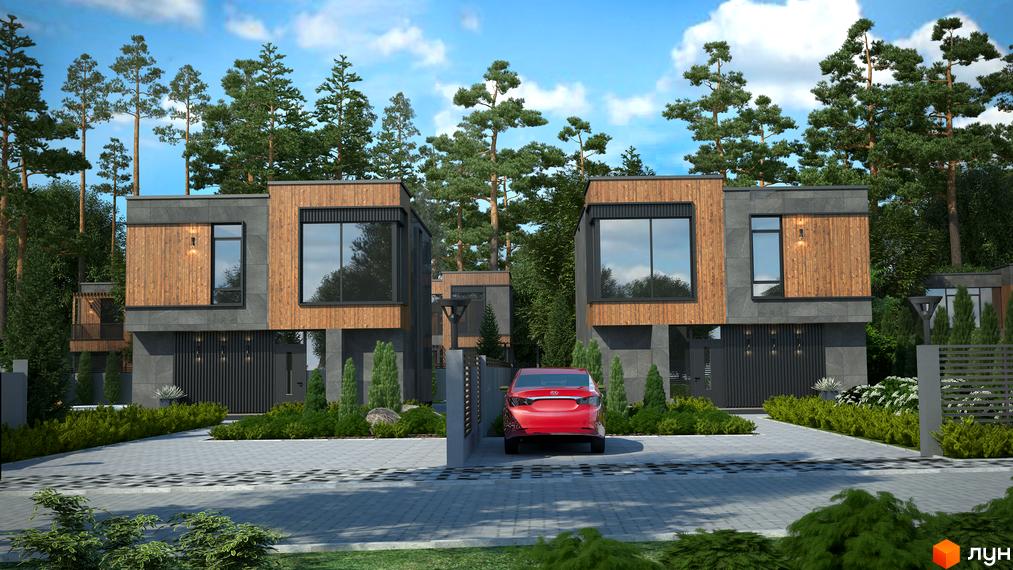 Котеджне містечко KM Bosco Villas – це двоповерхові будинки з дерев'яним та сірим фасадом, великими вікнами та доглянутою прибудинковою територією з зеленими насадженнями.