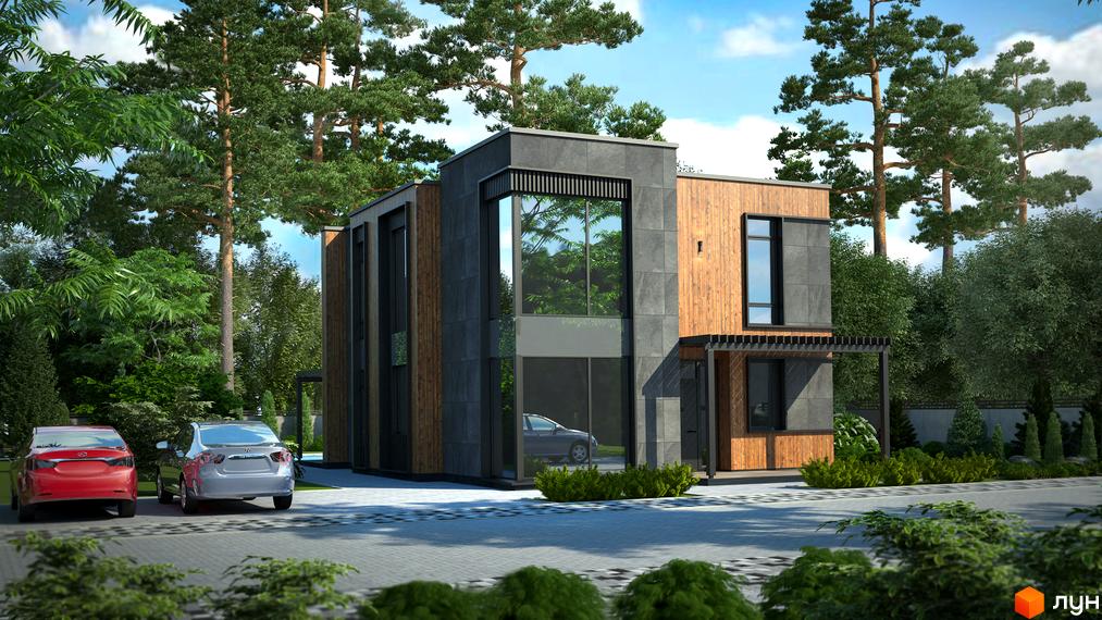 Котеджне містечко KM Bosco Villas з двома автомобілями на парковці та зеленою зоною навколо. Зовнішній вигляд будинку з великими вікнами та дерев'яними елементами.