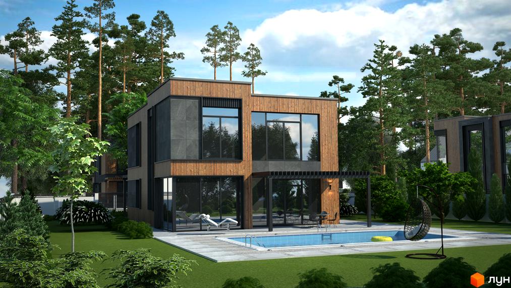 Котеджне містечко KM Bosco Villas: двоповерховий будинок з дерев'яною обшивкою та великими вікнами, басейн та зелена прибудинкова територія.